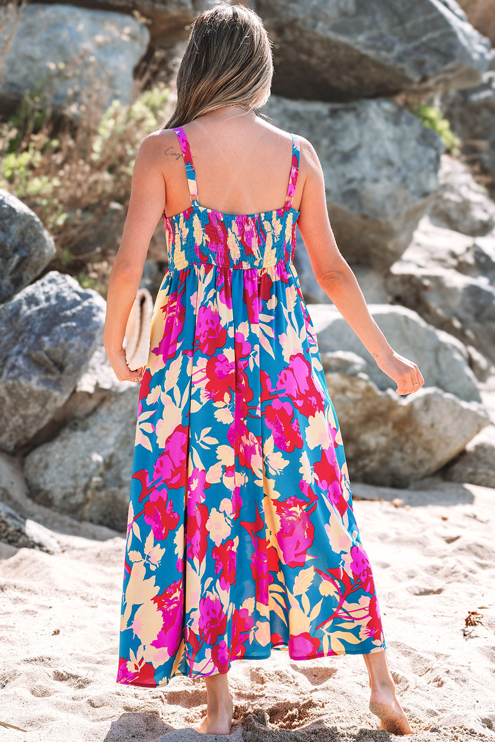 Floral Pattern Sleeveless Long Dress with Flowy Chic Silhouette