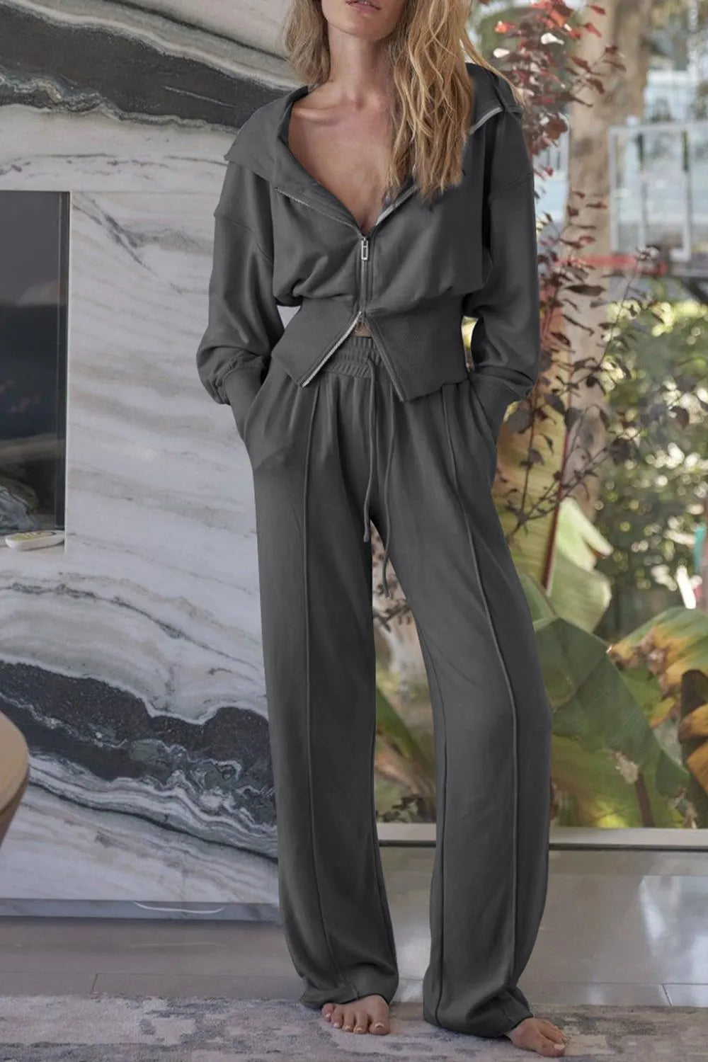 Zip-Up Hoodie and Pants Active Set front view