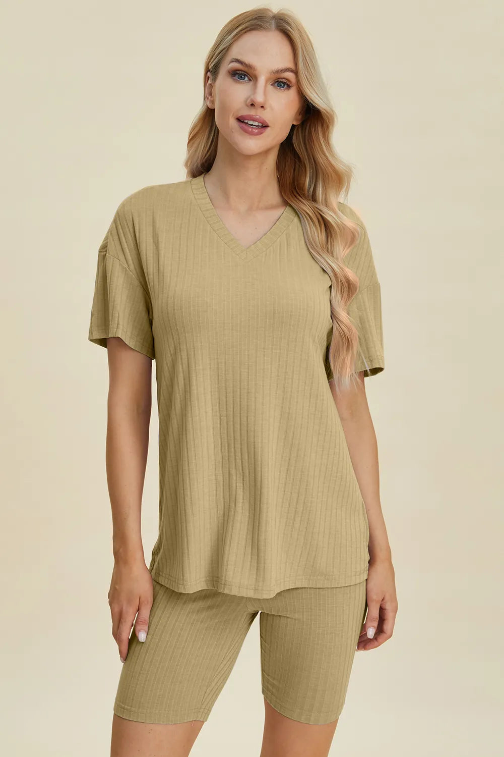 Ribbed V-Neck Short Sleeve Top and Shorts Set for Women
