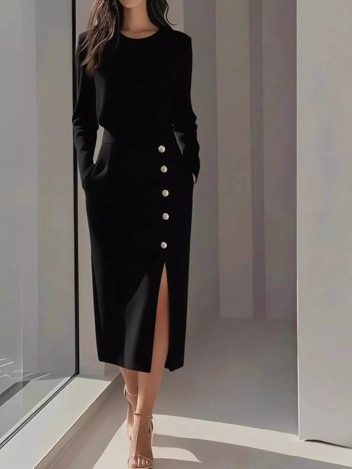 Long Sleeve Button Detail Midi Dress with Side Slit outfit inspiration