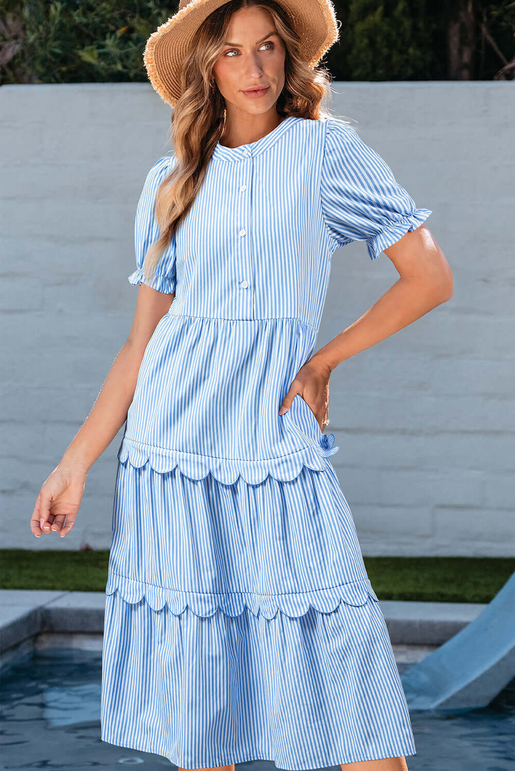 Bubble Short Sleeve Tiered Scallop Long Dress - Elegant Striped Style
