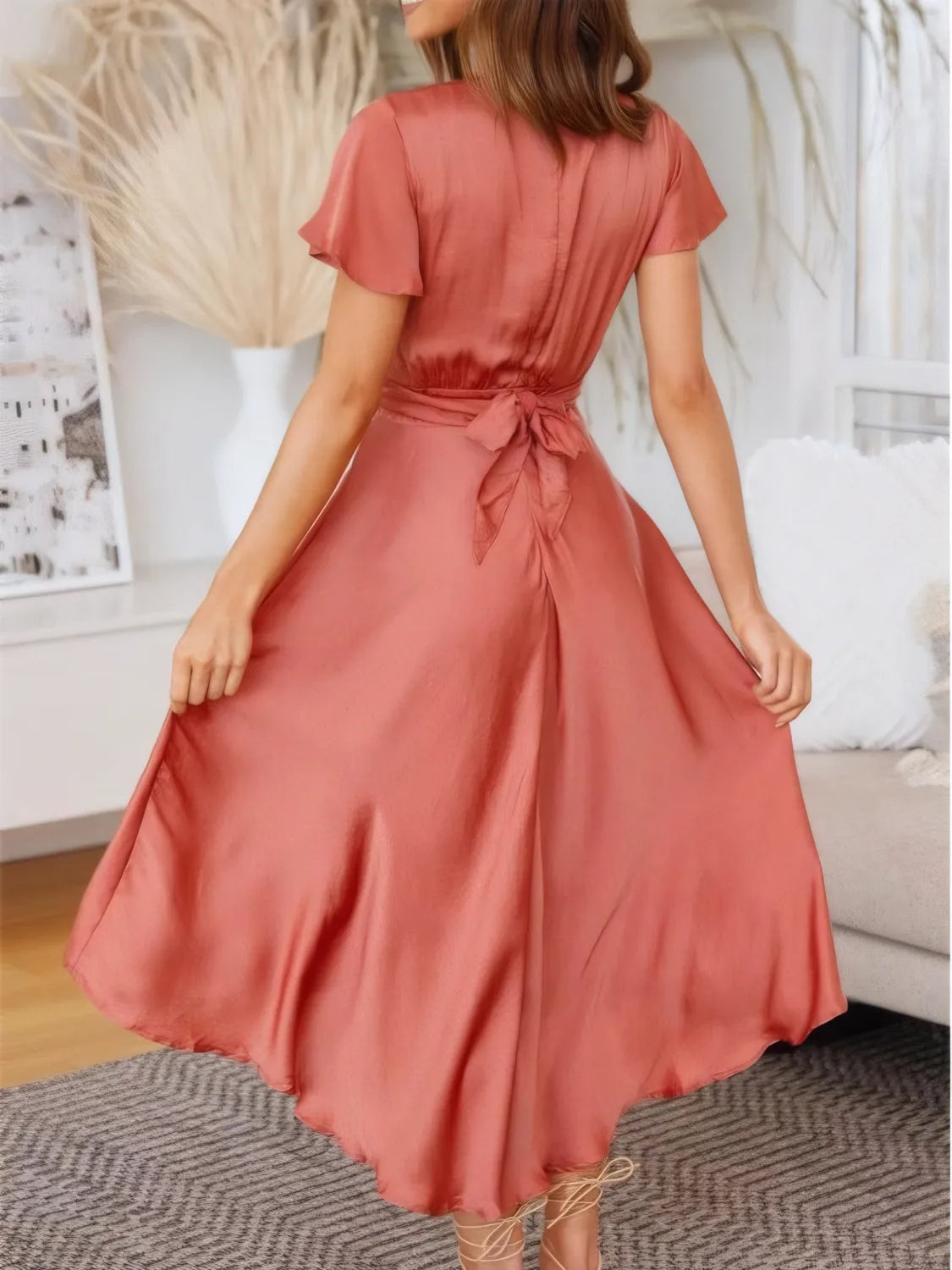 Back view of High-Low Plunge Flutter Sleeve Dress – flattering flutter sleeves