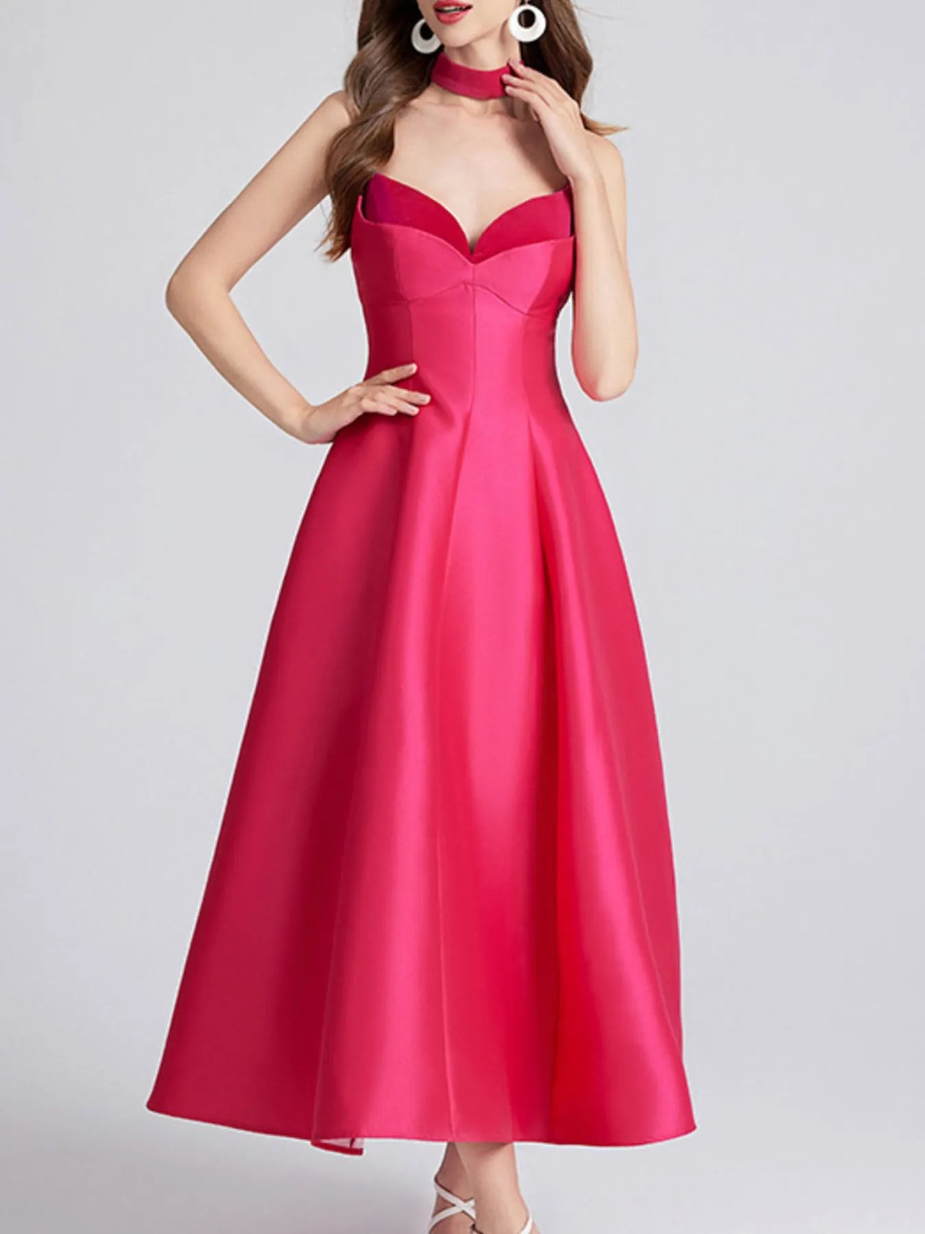 Sweetheart Spaghetti Strap Midi Dress with Collar neckline detail