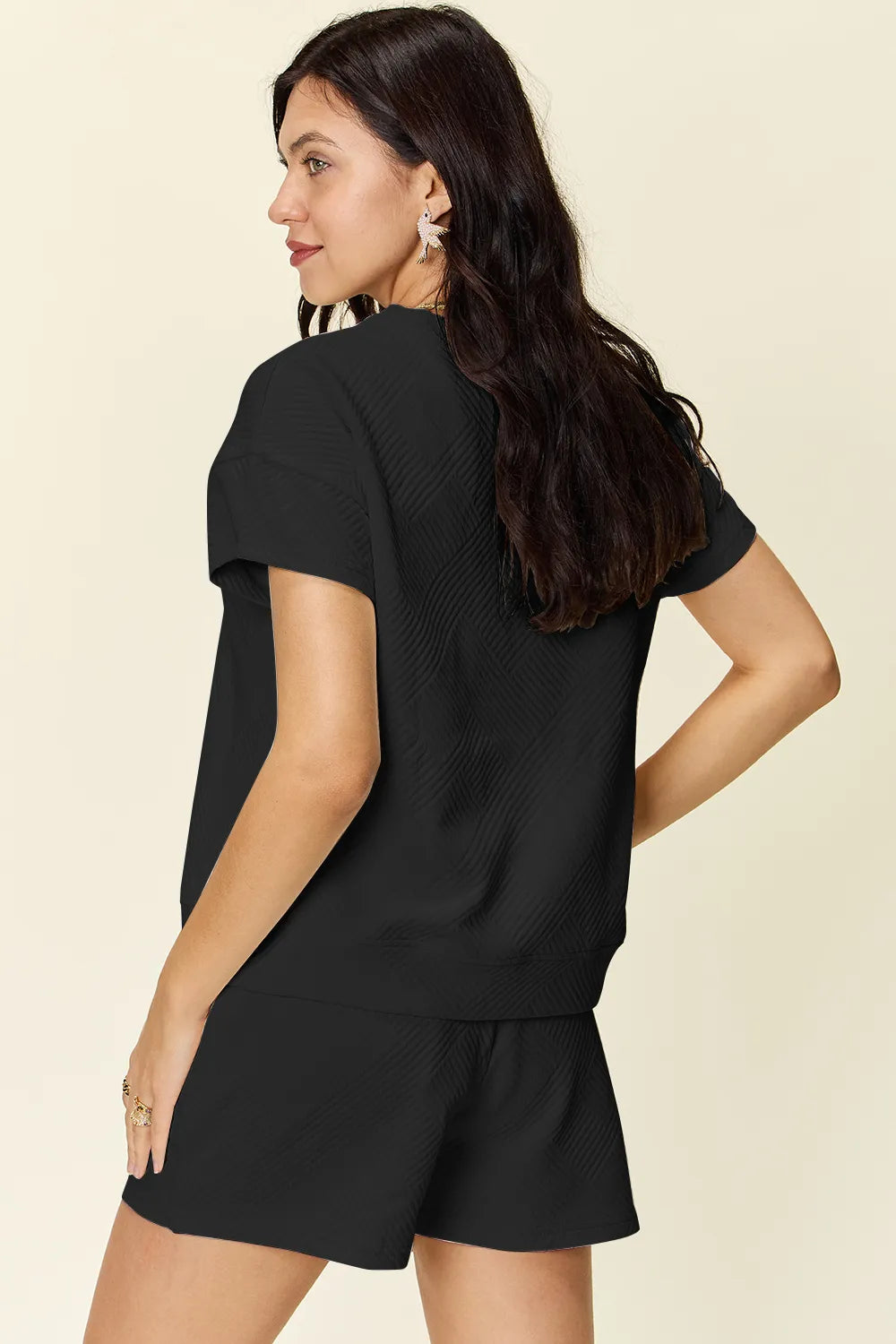 Full Size Texture T-Shirt and Shorts Set with Drawstring