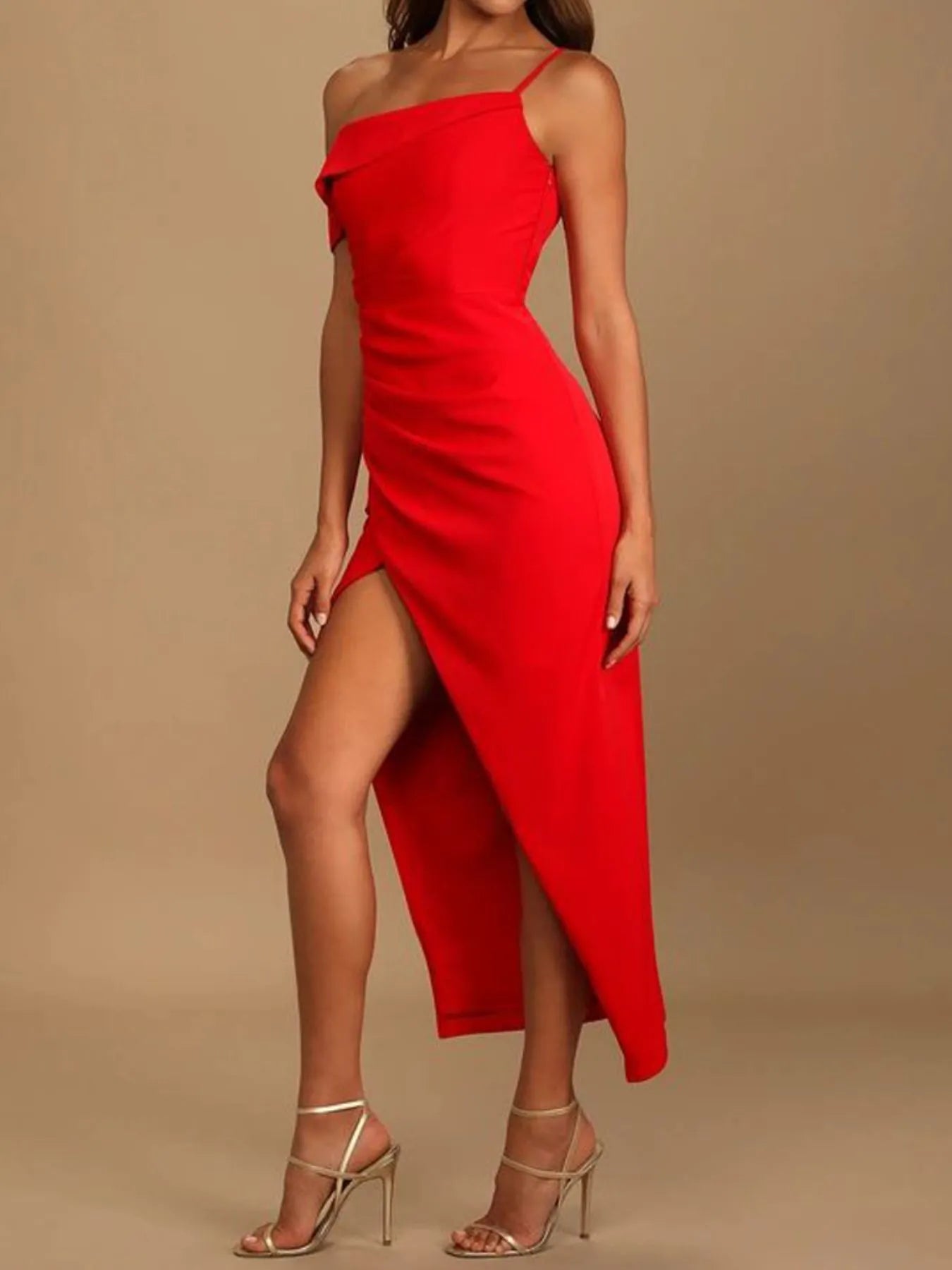 Elegant Split Asymmetrical Neck Midi Dress styling