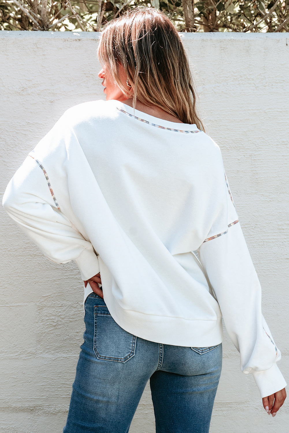 Colorful Trim Drop Shoulder Pullover for Women