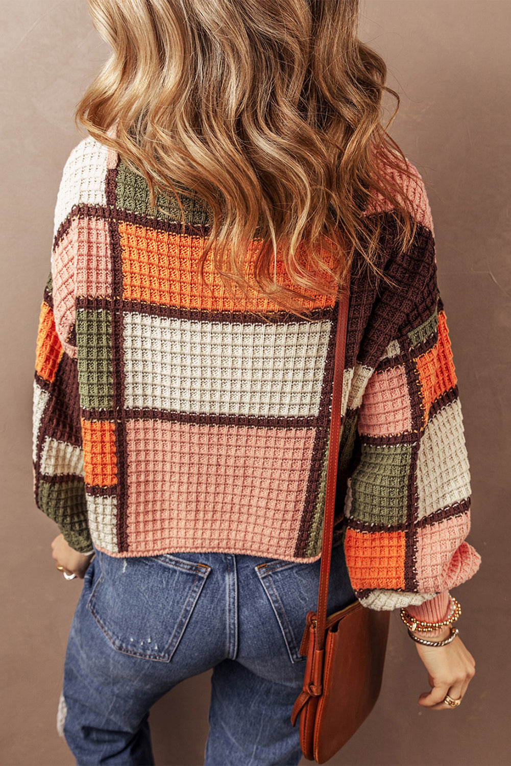 Color Block Sweater - Waffle Knit Mock Neck Style