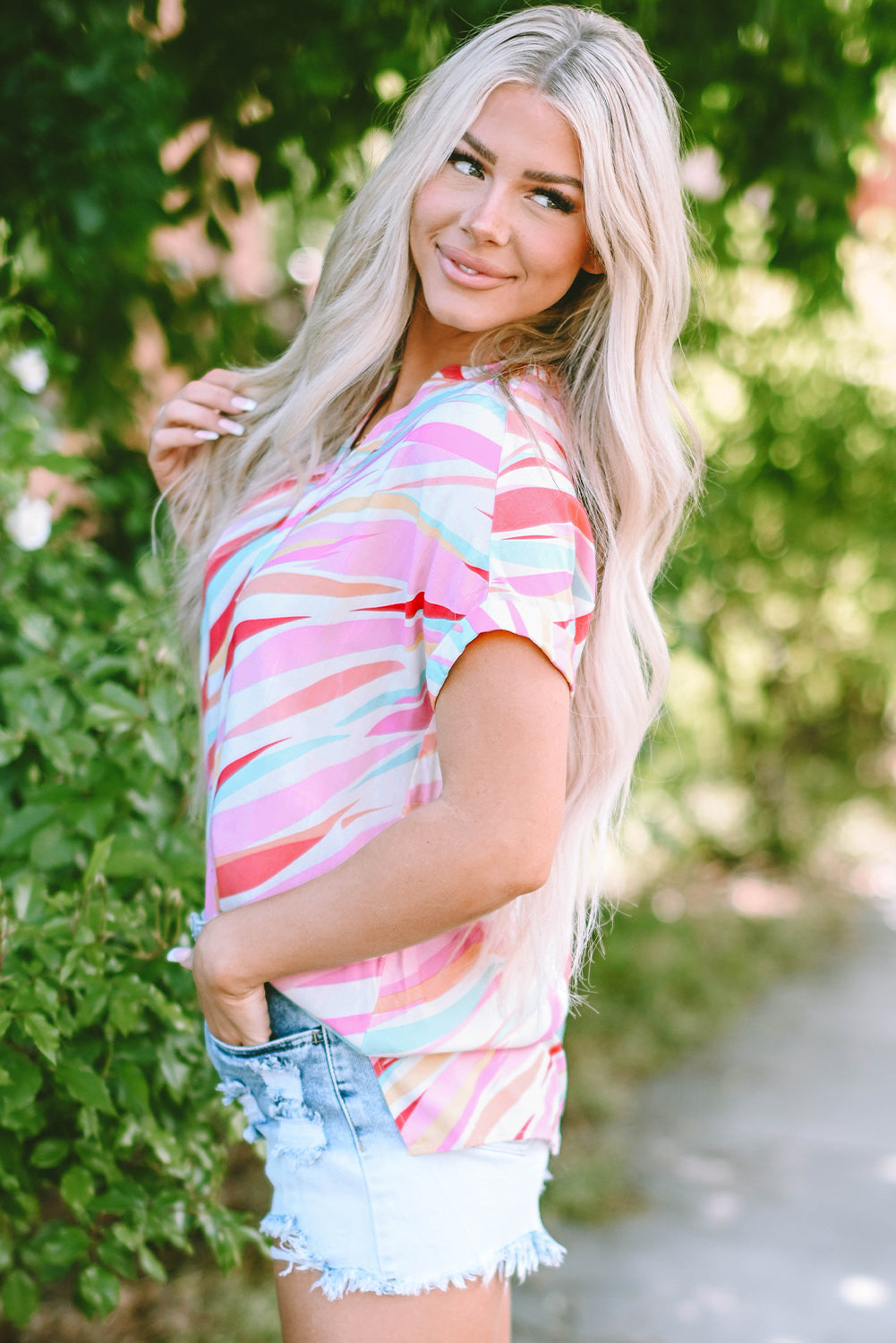 Abstract Print Blouse with High Low Hem and Short Sleeves