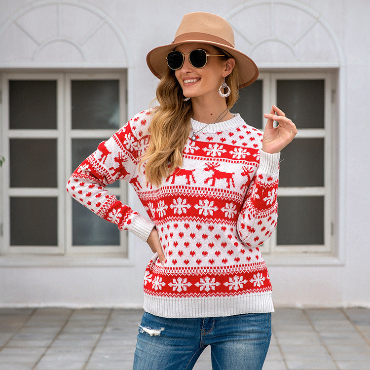 Snowflake Jacquard Sweater Loose Fit Polyester Pullover