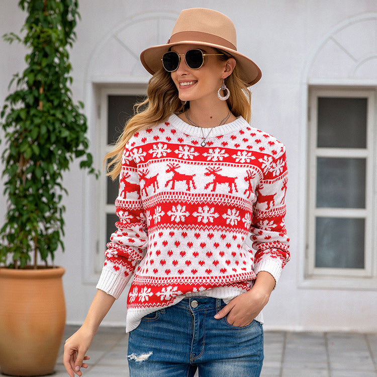 Snowflake Jacquard Sweater Loose Fit Polyester Pullover