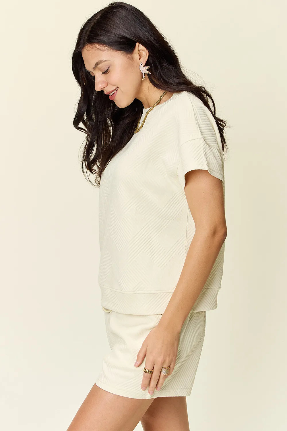 Full Size Texture T-Shirt and Shorts Set with Drawstring