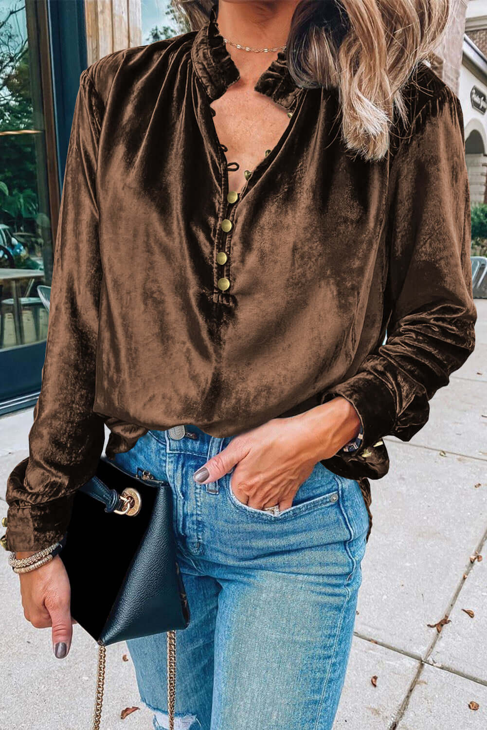  Velvet Frilly Neck Buttoned Top for Elegant Style