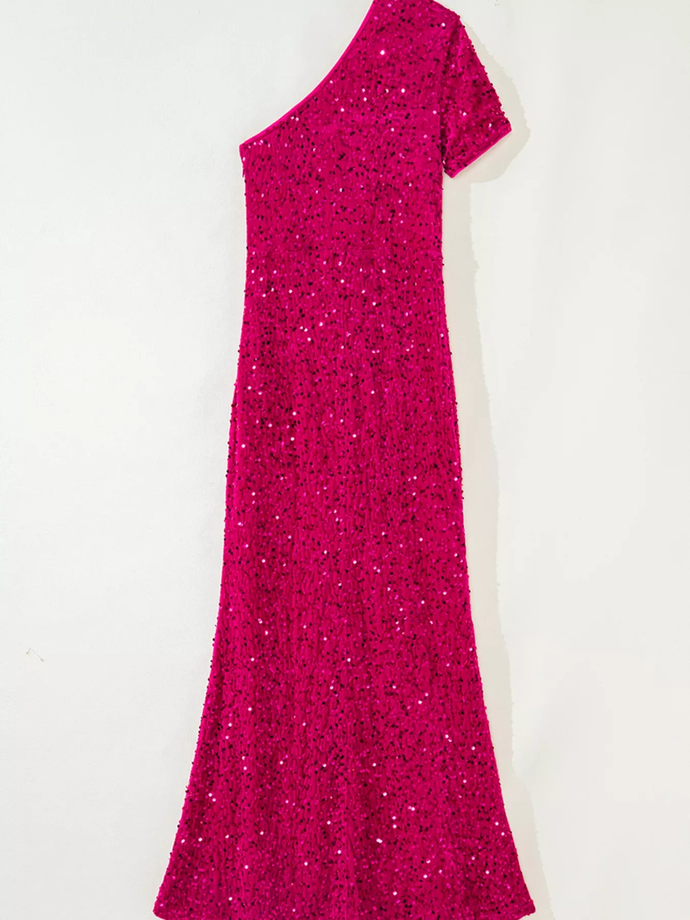 Sequin One-Shoulder Dress with High Slit, elegant party wear in vibrant pink sequins.