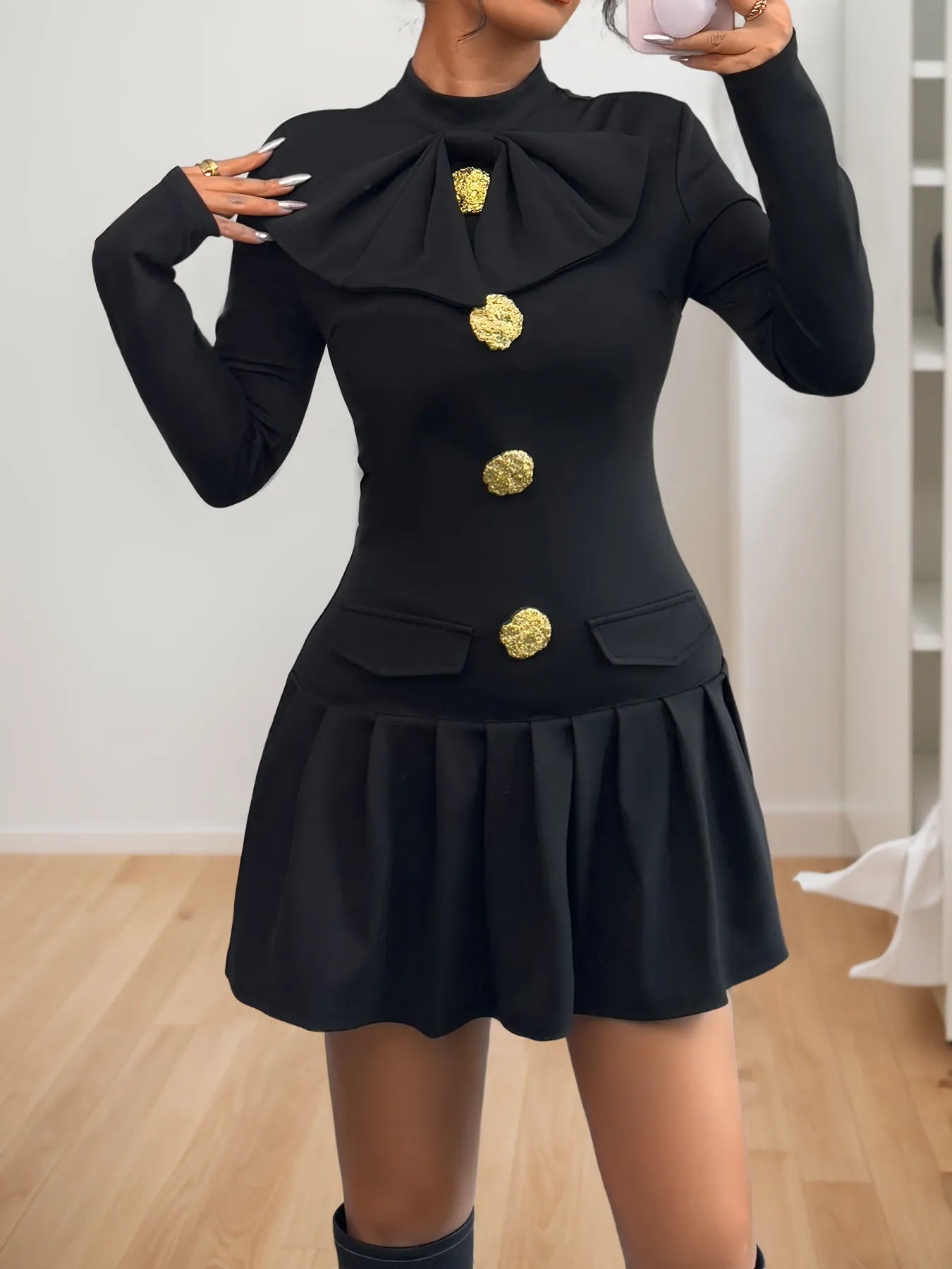  Decorative Button Mock Neck Long Sleeve Mini Dress Chic Style