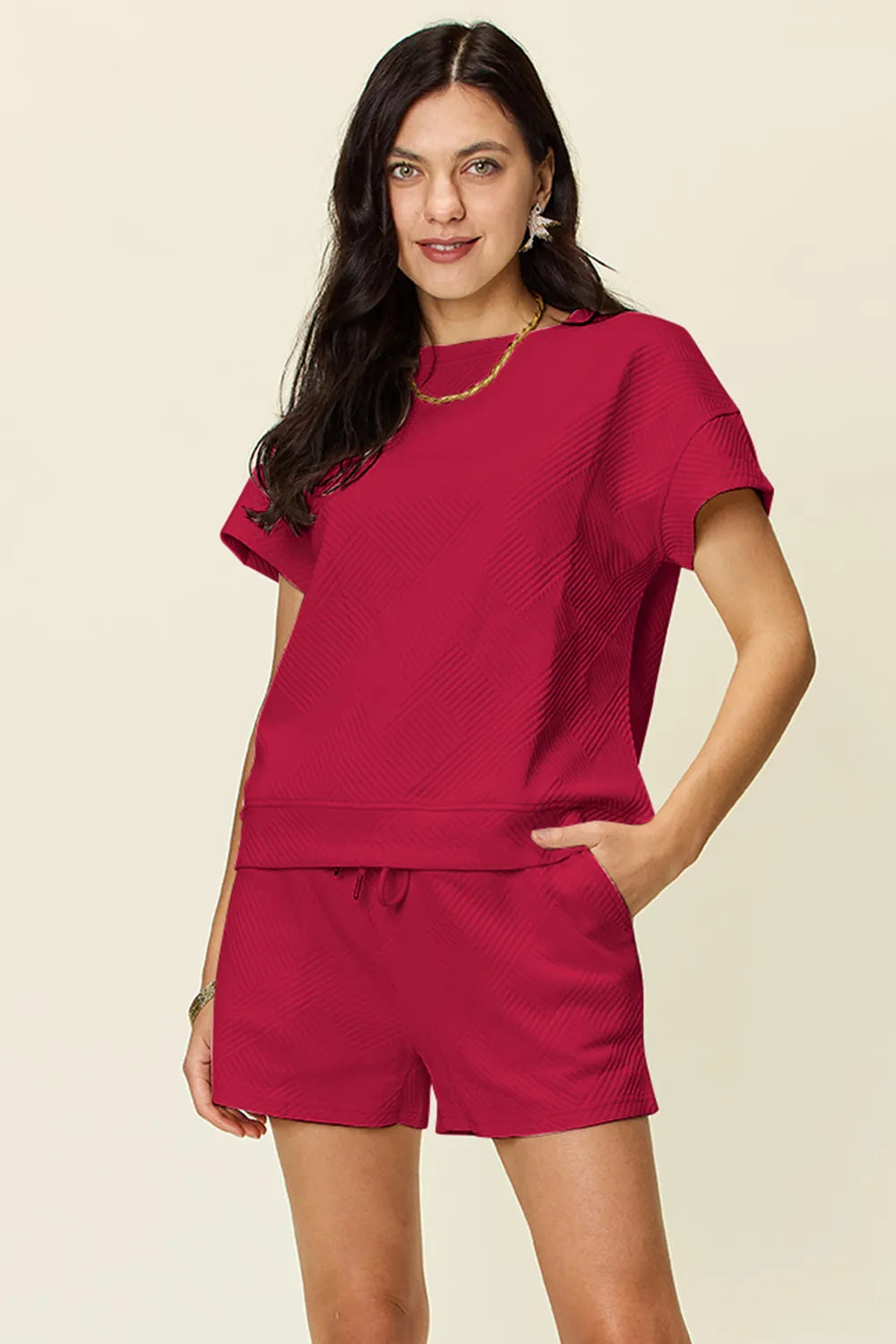 Full Size Texture T-Shirt and Shorts Set with Drawstring