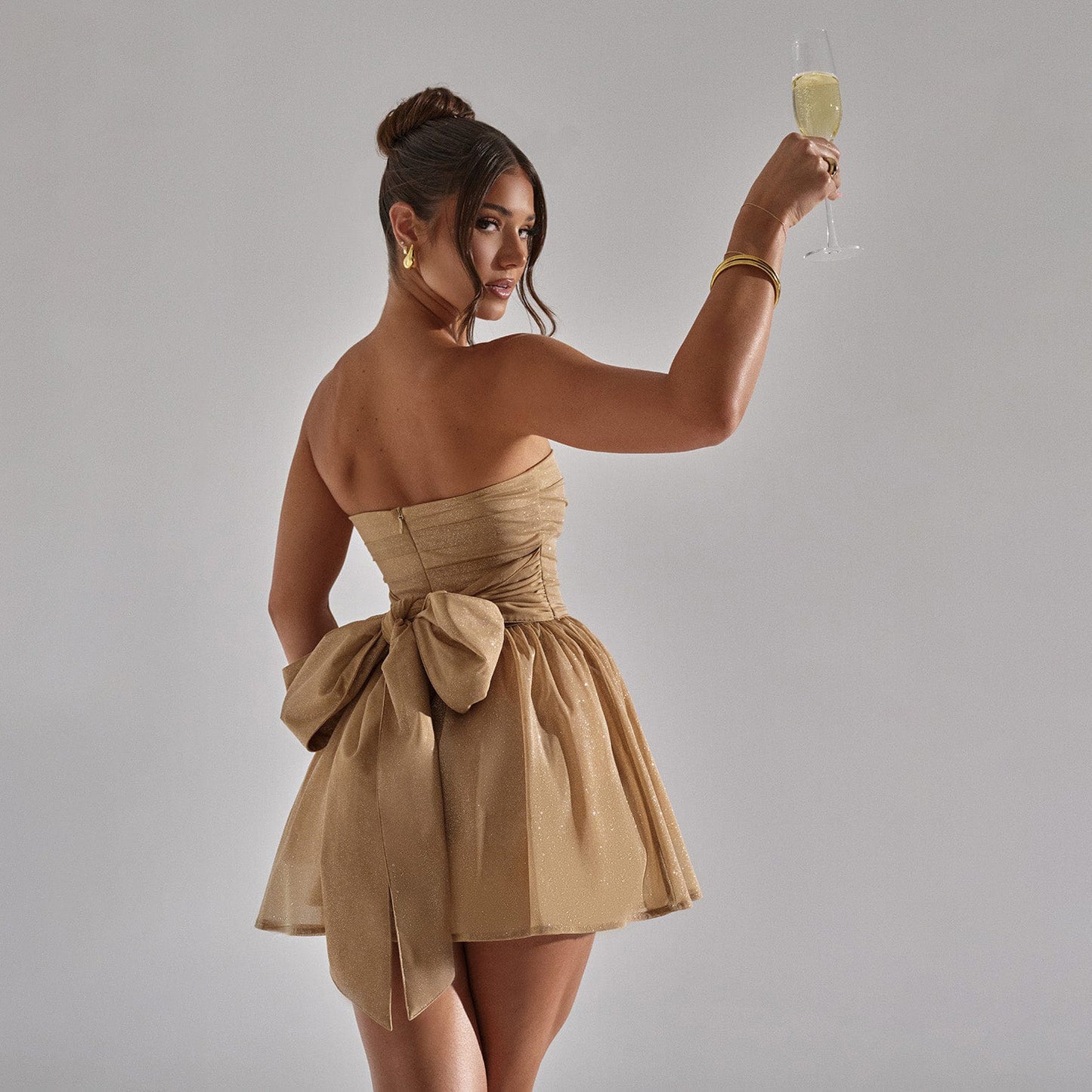 Tube Top Lace Dress with Back Bowknot and Mesh Stitching