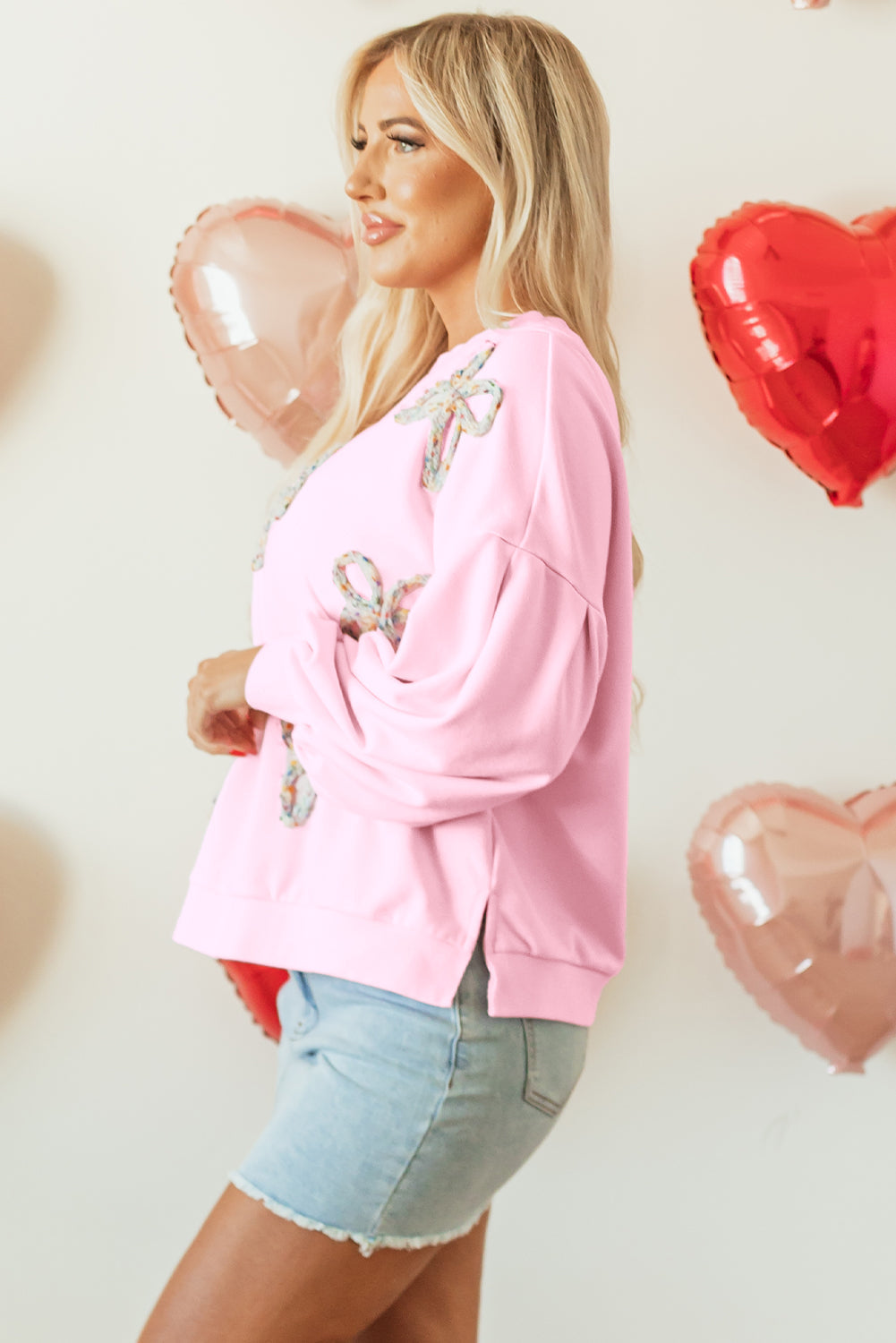 Embroidered Bow Oversized Sweatshirt with Lantern Sleeves