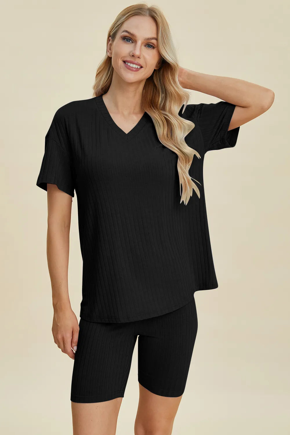 Ribbed V-Neck Short Sleeve Top and Shorts Set for Women