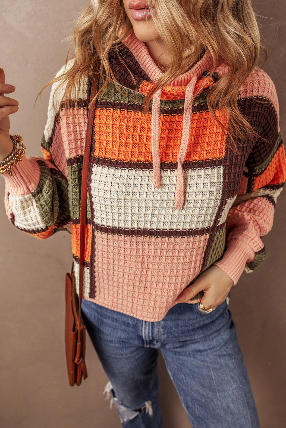 Color Block Sweater - Waffle Knit Mock Neck Style