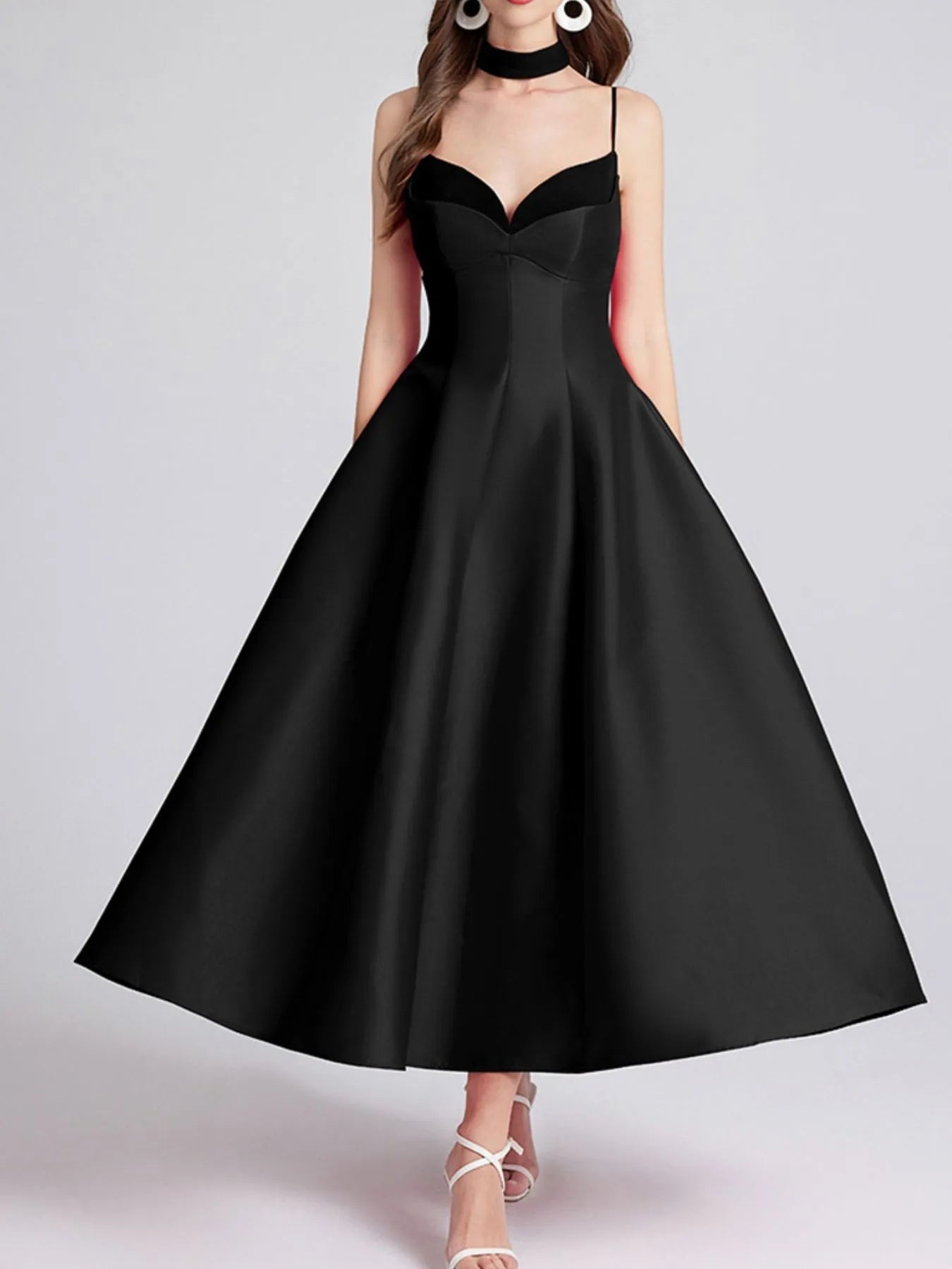 Sweetheart Spaghetti Strap Midi Dress with Collar neckline detail