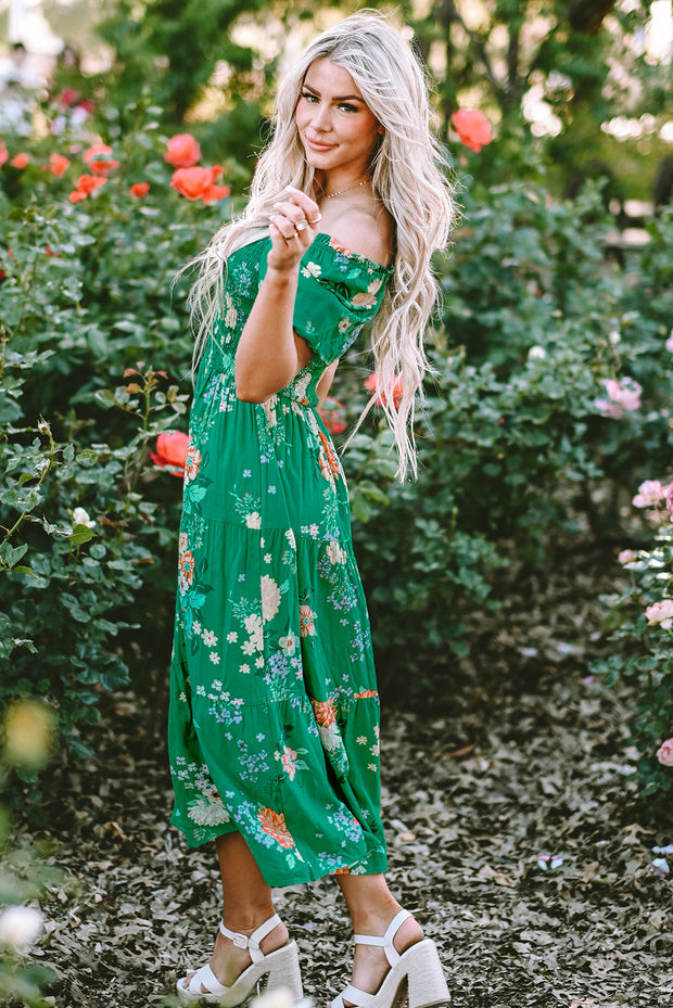 Kailany Floral Bubble Sleeve Smocked Tiered Midi Dress-2