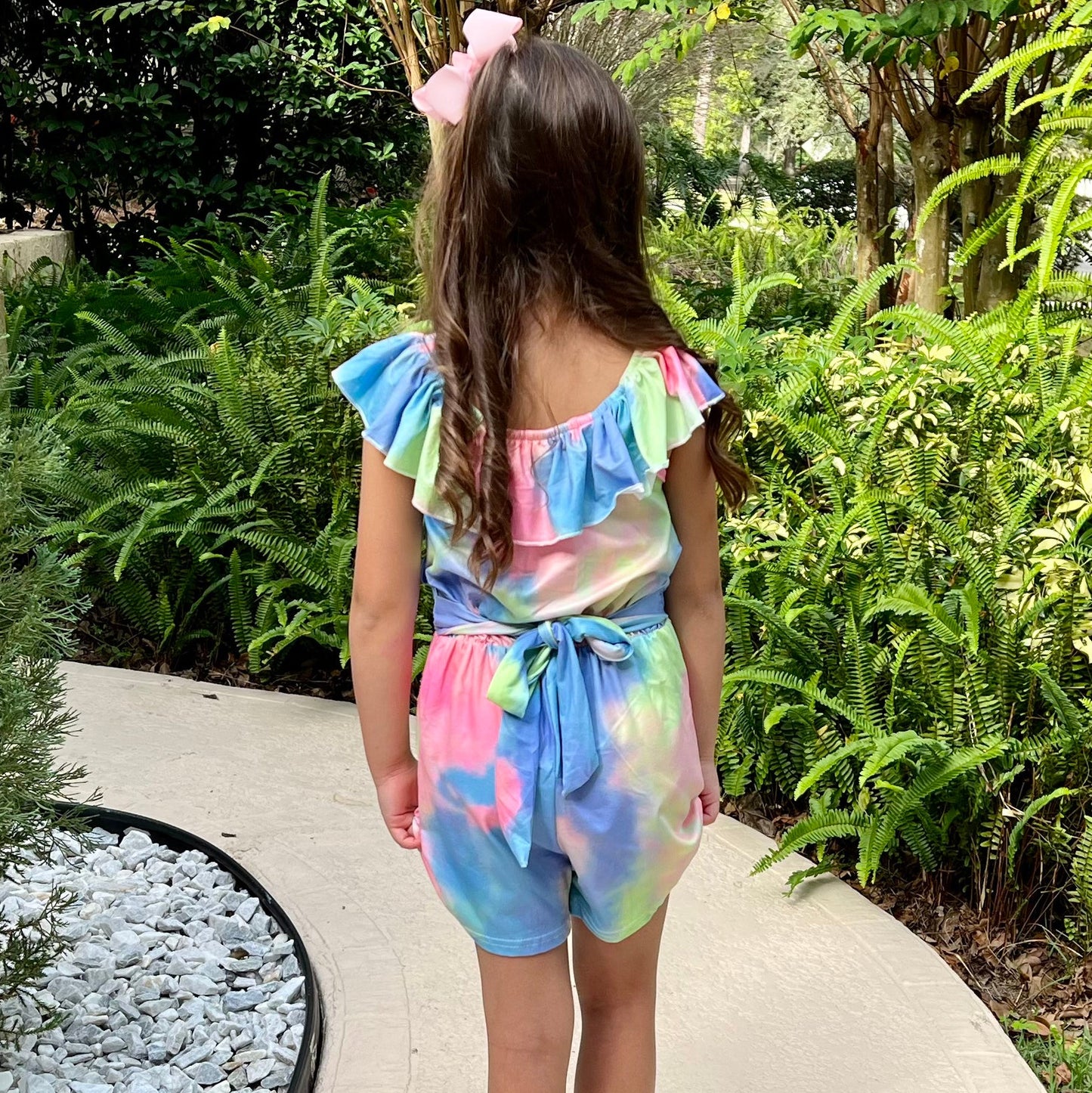  Pastel Tie Dye Girls Jumpsuit Ruffle Neck Trendy Romper
