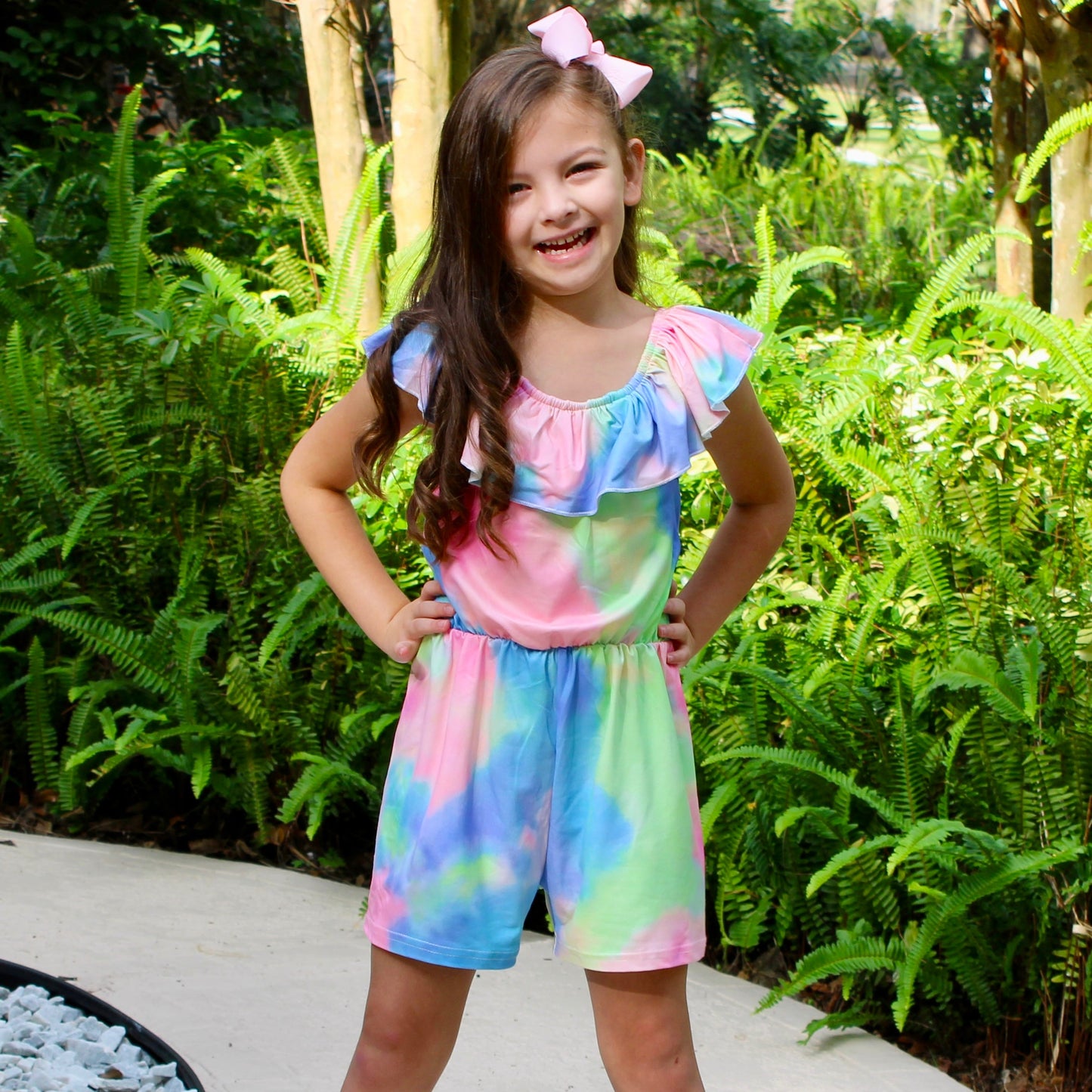  Pastel Tie Dye Girls Jumpsuit Ruffle Neck Trendy Romper