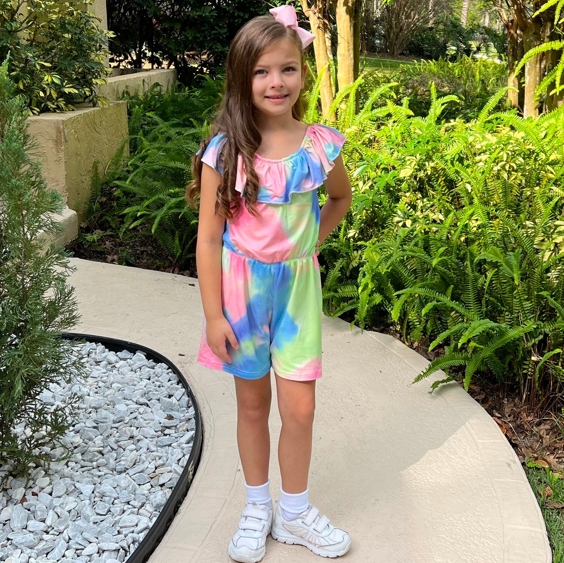  Pastel Tie Dye Girls Jumpsuit Ruffle Neck Trendy Romper