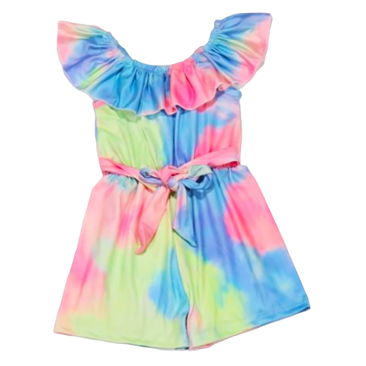  Pastel Tie Dye Girls Jumpsuit Ruffle Neck Trendy Romper