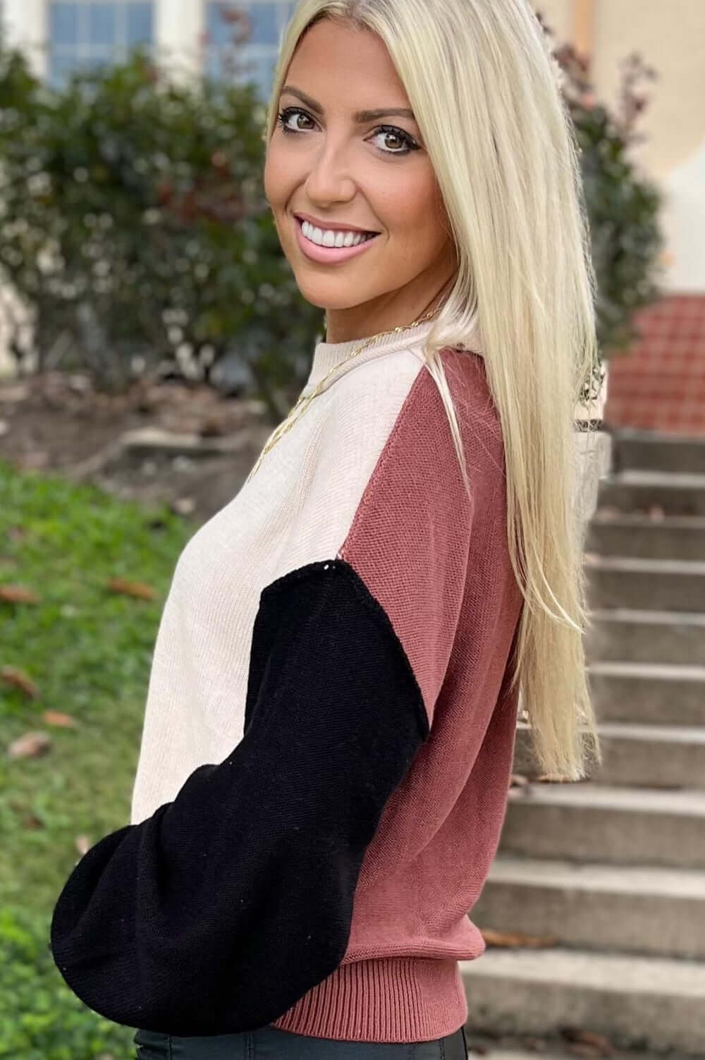 Color Block Patchwork Knit Sweater with Bishop Sleeves