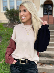 Aspen Bishop Sleeve Ribbed Trim Sweater-4