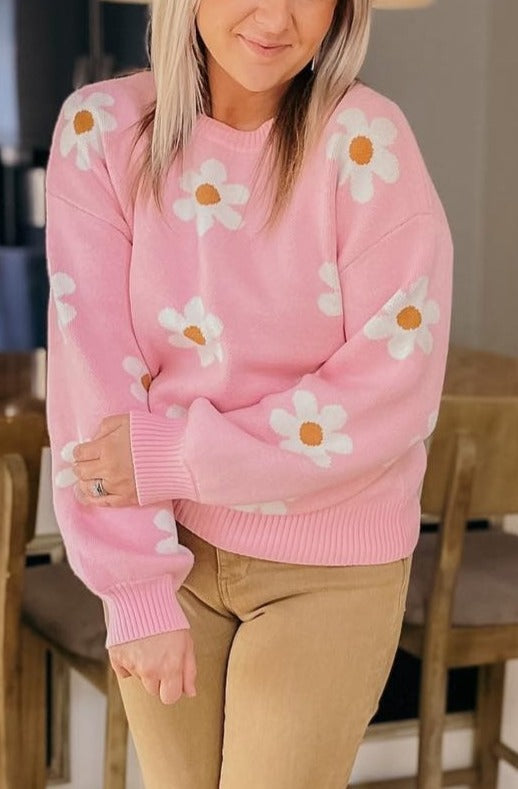 Floral Pattern Drop Shoulder Sweater With Cozy Knit