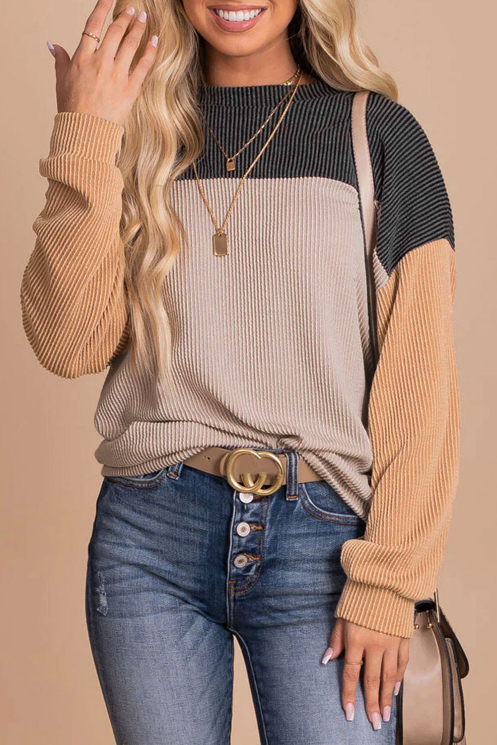 Color Block Ribbed Long Sleeve Top with Casual Fit
