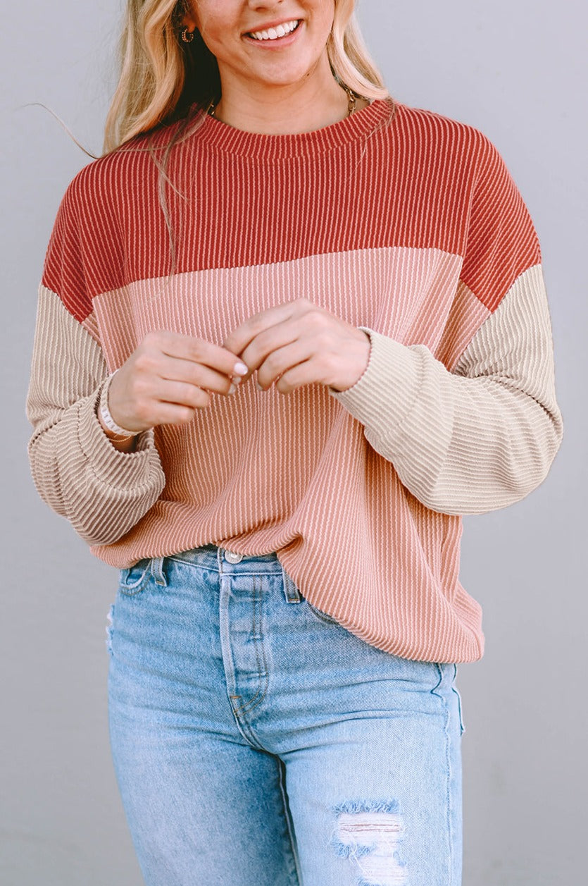 Color Block Ribbed Long Sleeve Top with Casual Fit