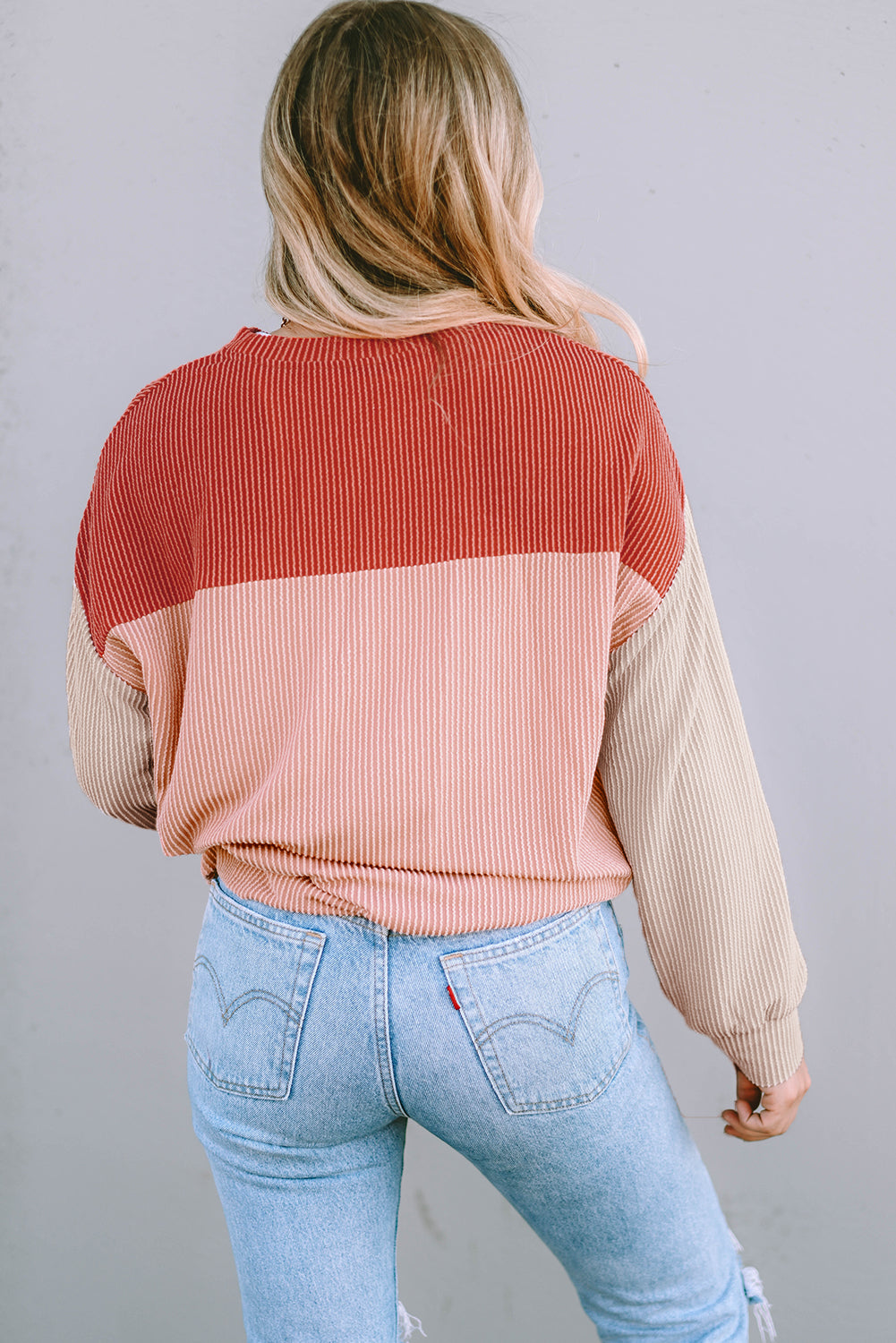 Color Block Ribbed Long Sleeve Top with Casual Fit