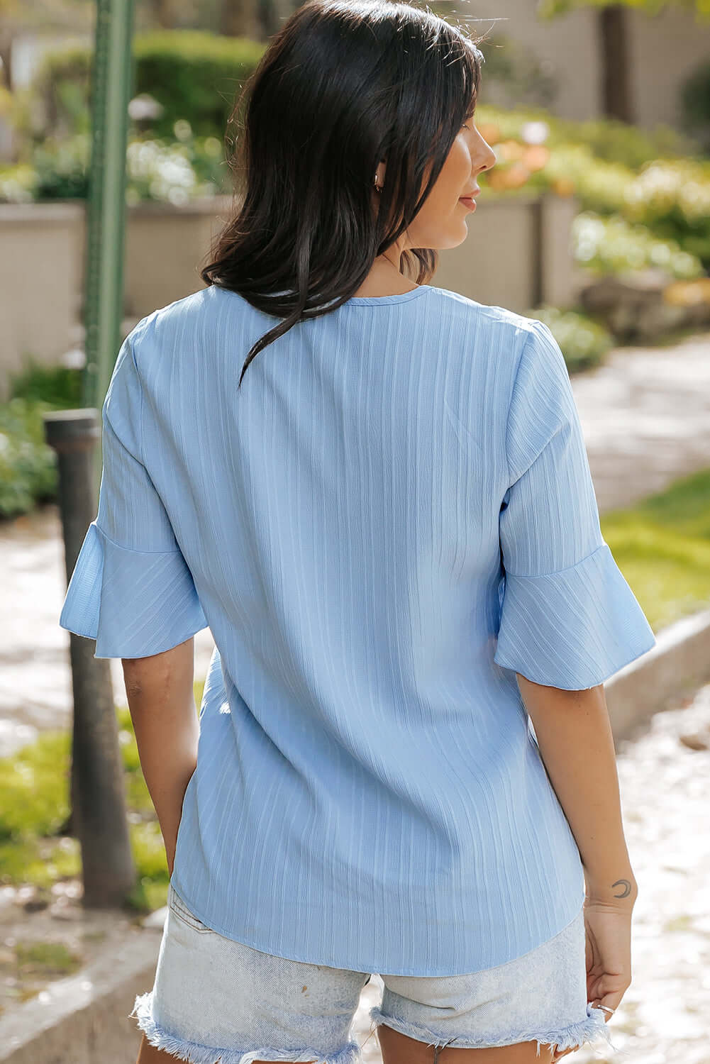 Ruffled Half Sleeve V Neck Top with Textured Fabric