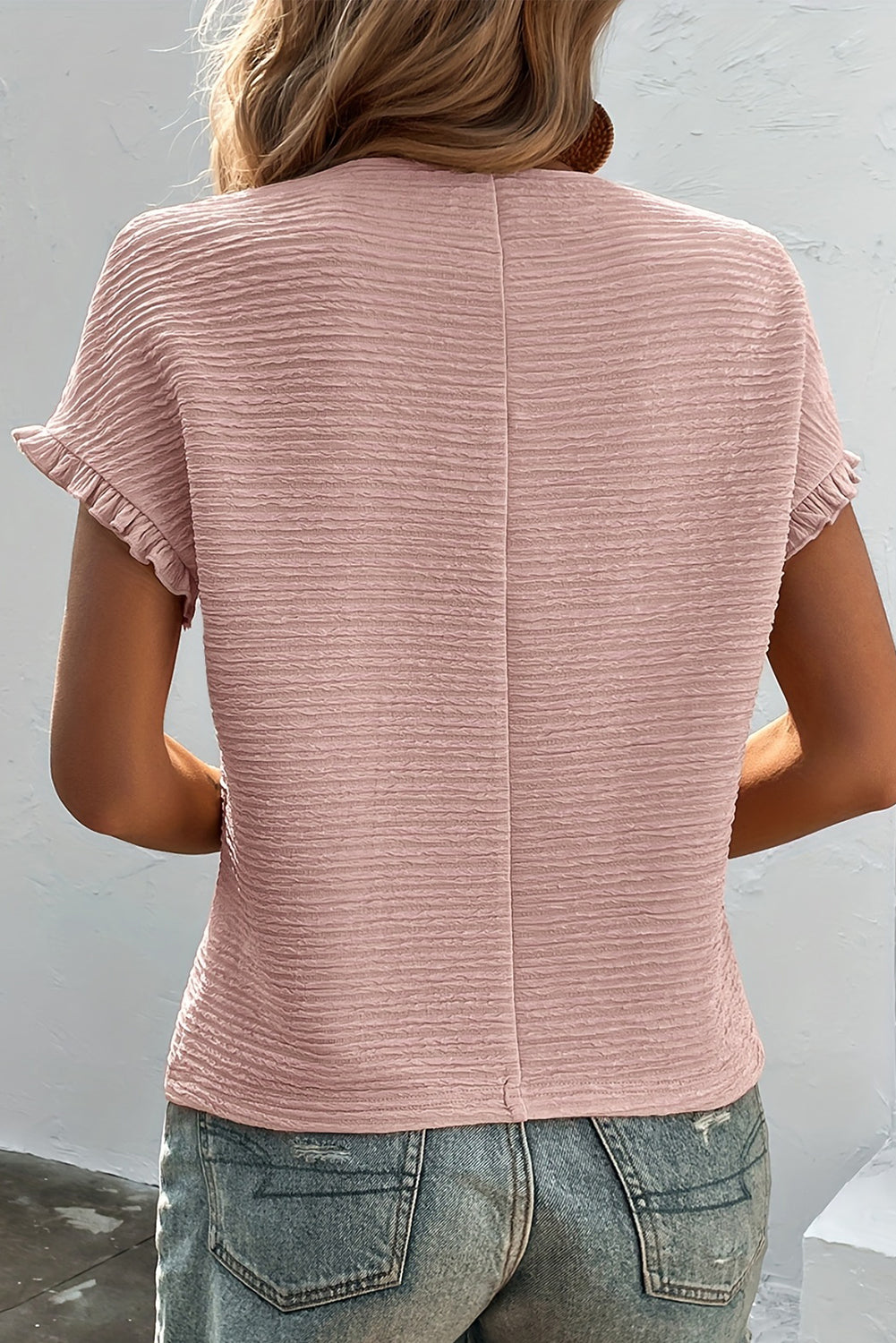  Ruffle Sleeve Solid Top with Elegant Texture