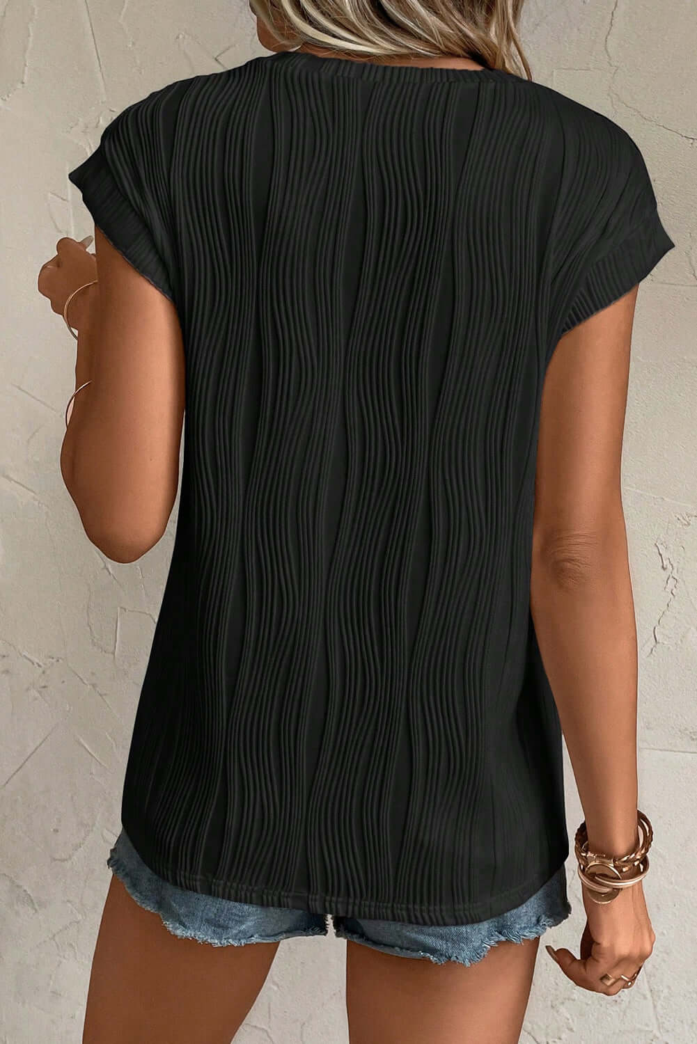 Wavy Texture Cap Sleeve Top with Elegant Solid Design