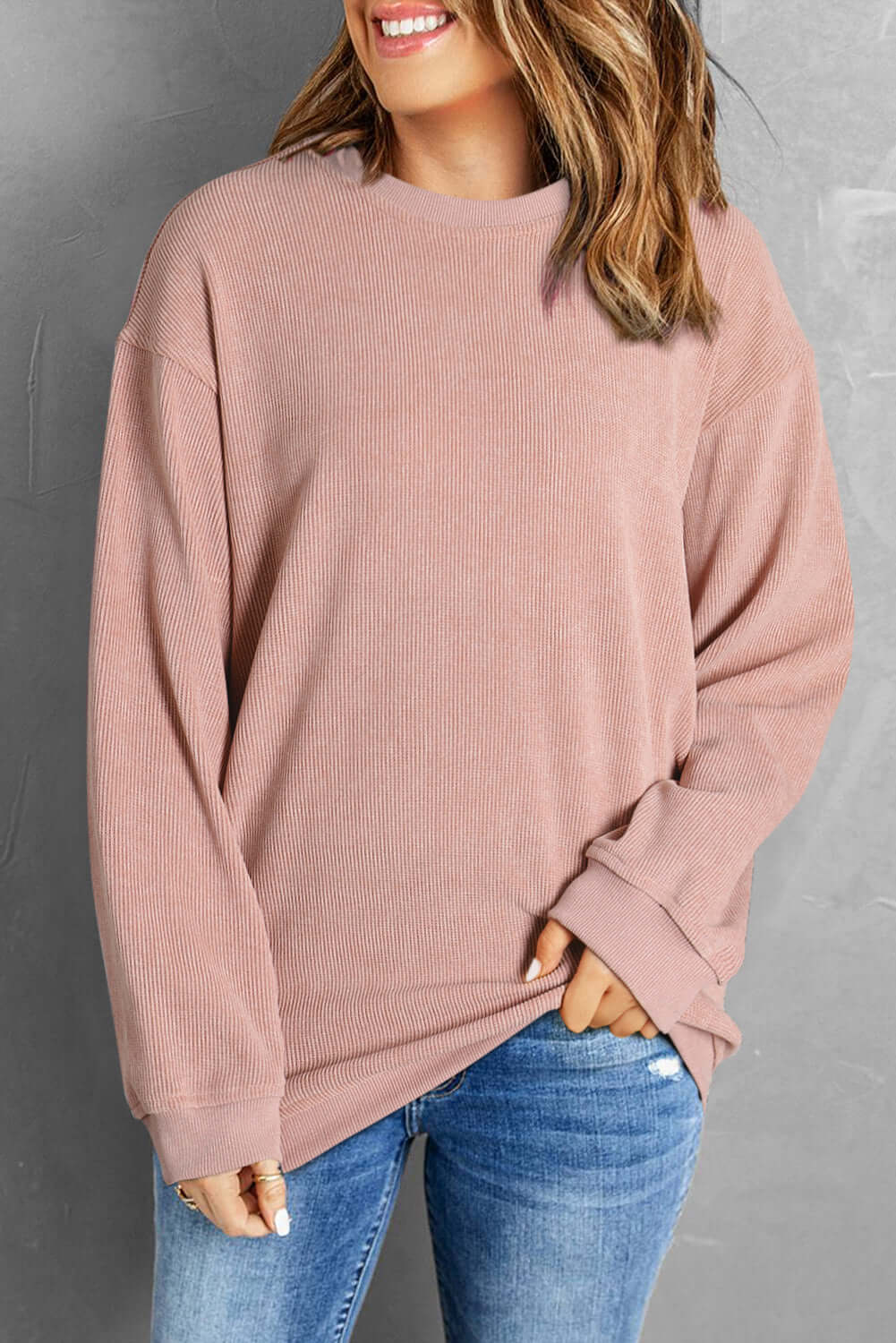 Solid Round Neck Sweatshirt - Textured Long Sleeve Comfort