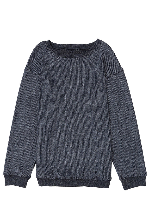 Faith Solid Ribbed Knit Round Neck Pullover Sweatshirt-8