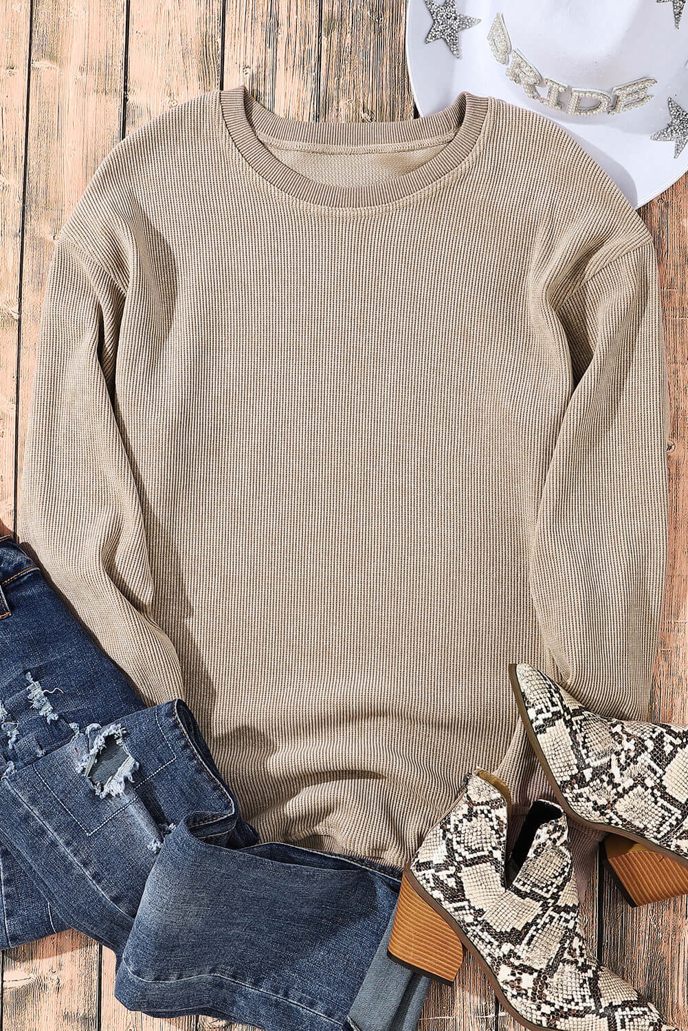 Solid Round Neck Sweatshirt - Textured Long Sleeve Comfort