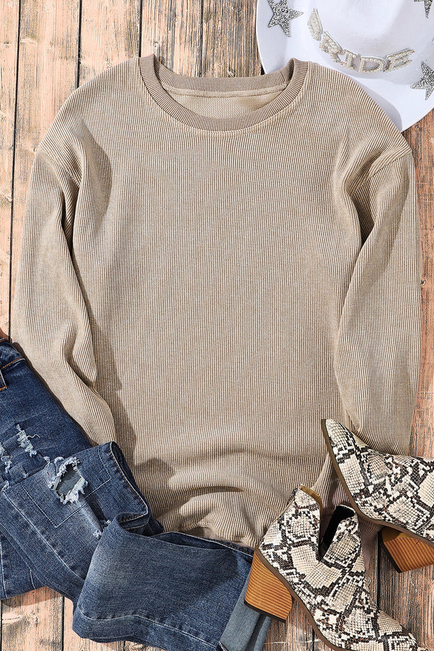 Faith Solid Ribbed Knit Round Neck Pullover Sweatshirt-5