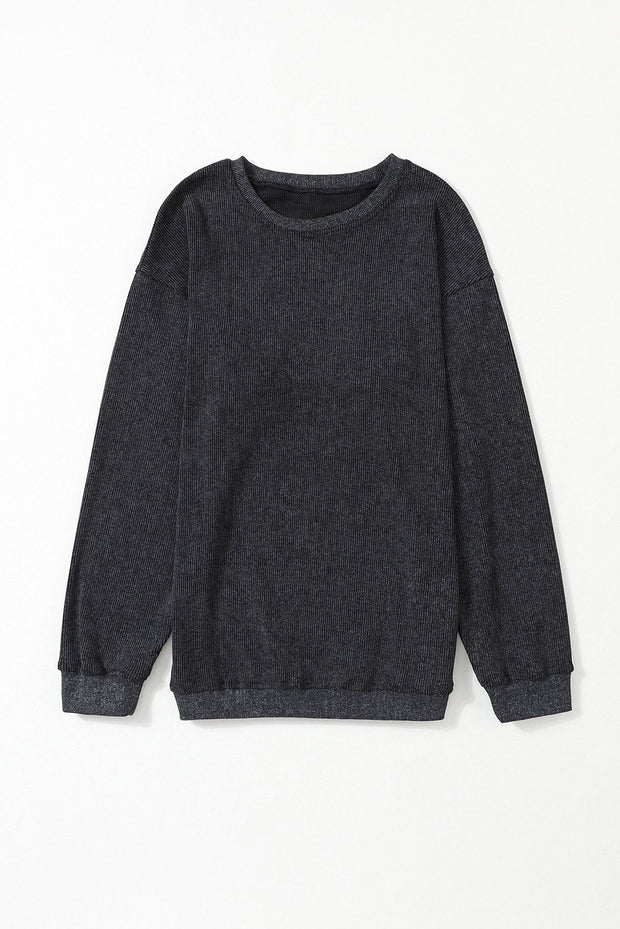 Faith Solid Ribbed Knit Round Neck Pullover Sweatshirt-7