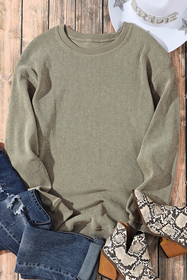 Faith Solid Ribbed Knit Round Neck Pullover Sweatshirt-6