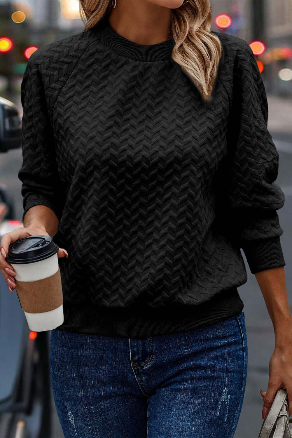  Cozy Textured Sweatshirt with Raglan Sleeves