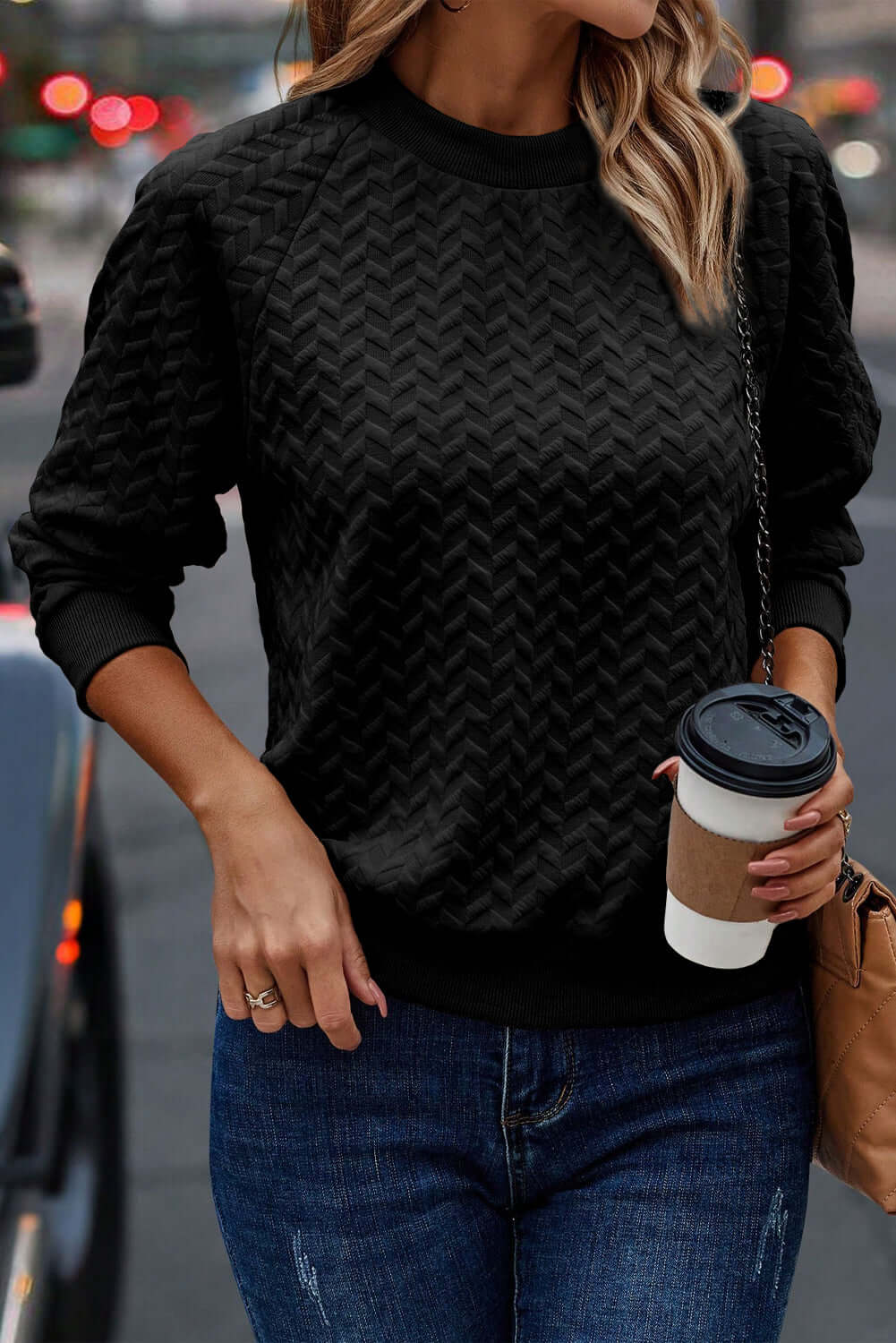  Cozy Textured Sweatshirt with Raglan Sleeves