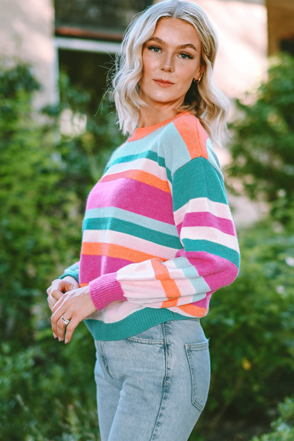 Multicolor Striped Knit Sweater - Trendy Puff Sleeve Design
