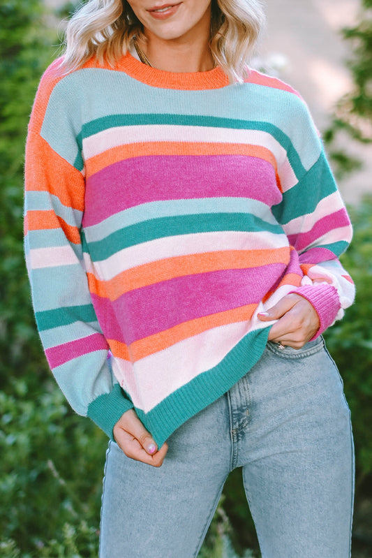 Multicolor Striped Knit Sweater - Trendy Puff Sleeve Design