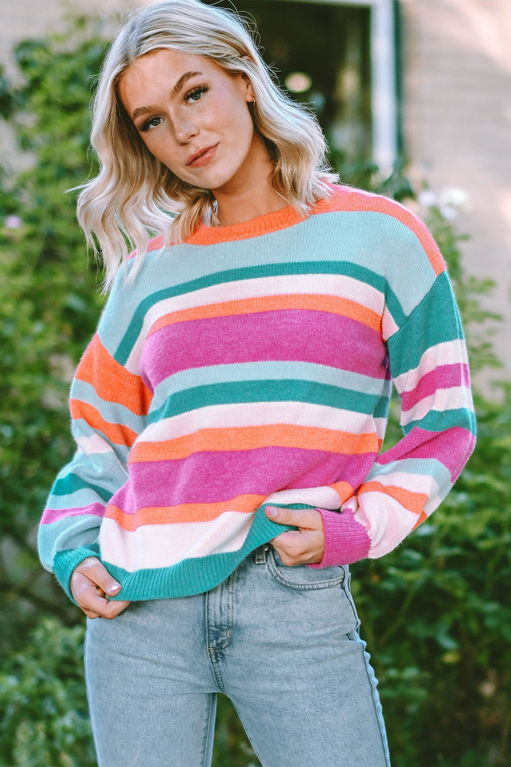 Multicolor Striped Knit Sweater - Trendy Puff Sleeve Design