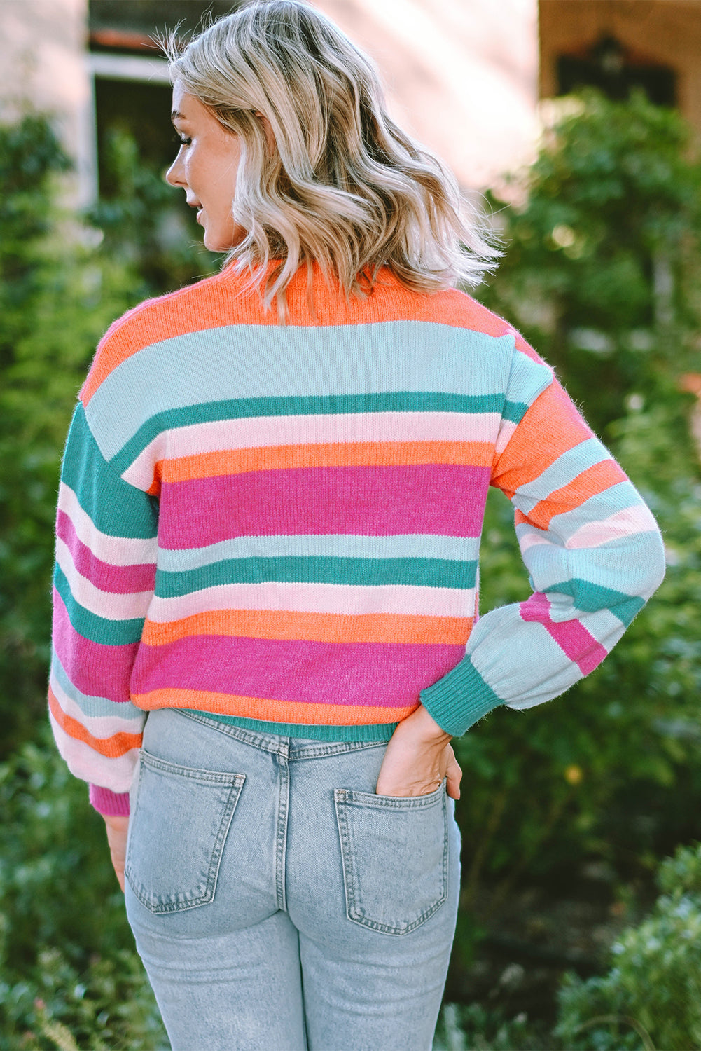 Multicolor Striped Knit Sweater - Trendy Puff Sleeve Design
